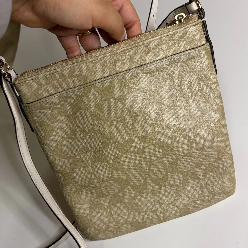 Coach Signature Tan‎ Beige Crossbody Bag with golden hardware